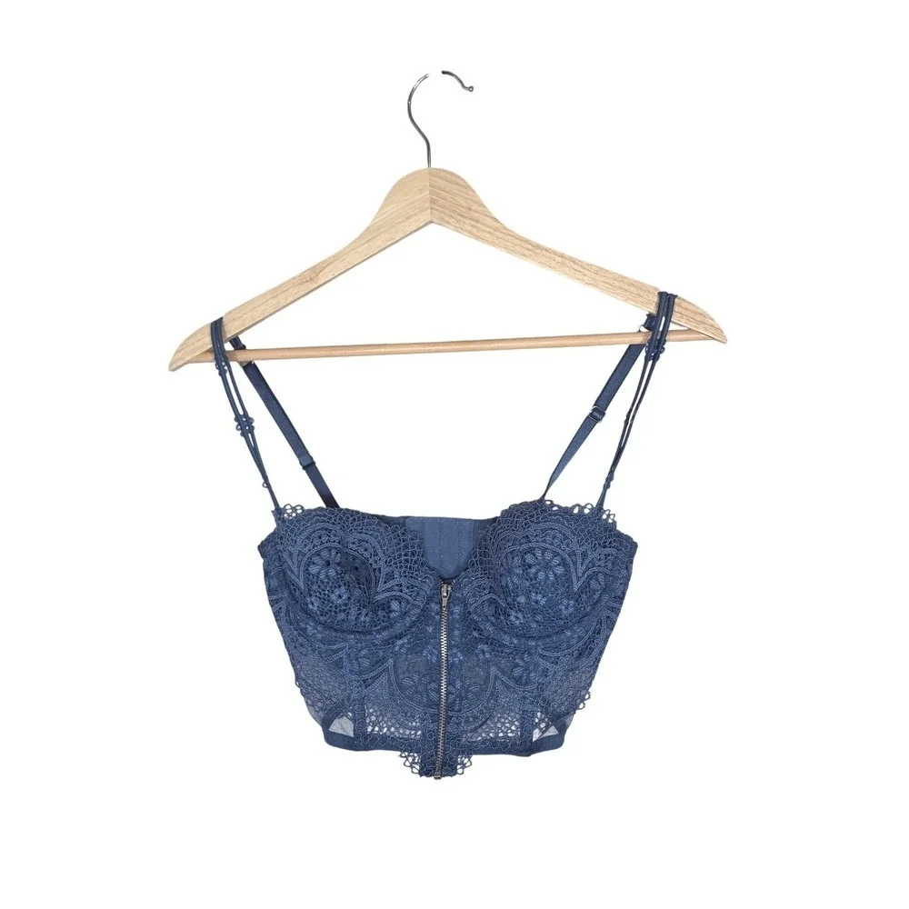 Victoria's Secret Very Sexy Bustier 32C Blue Lace Corset Zip Front Crop Top